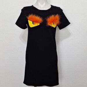 Cherry Mellow Black Bag Bugs Orange Fur Trim Novelty Pullover Mini Dress Size L
